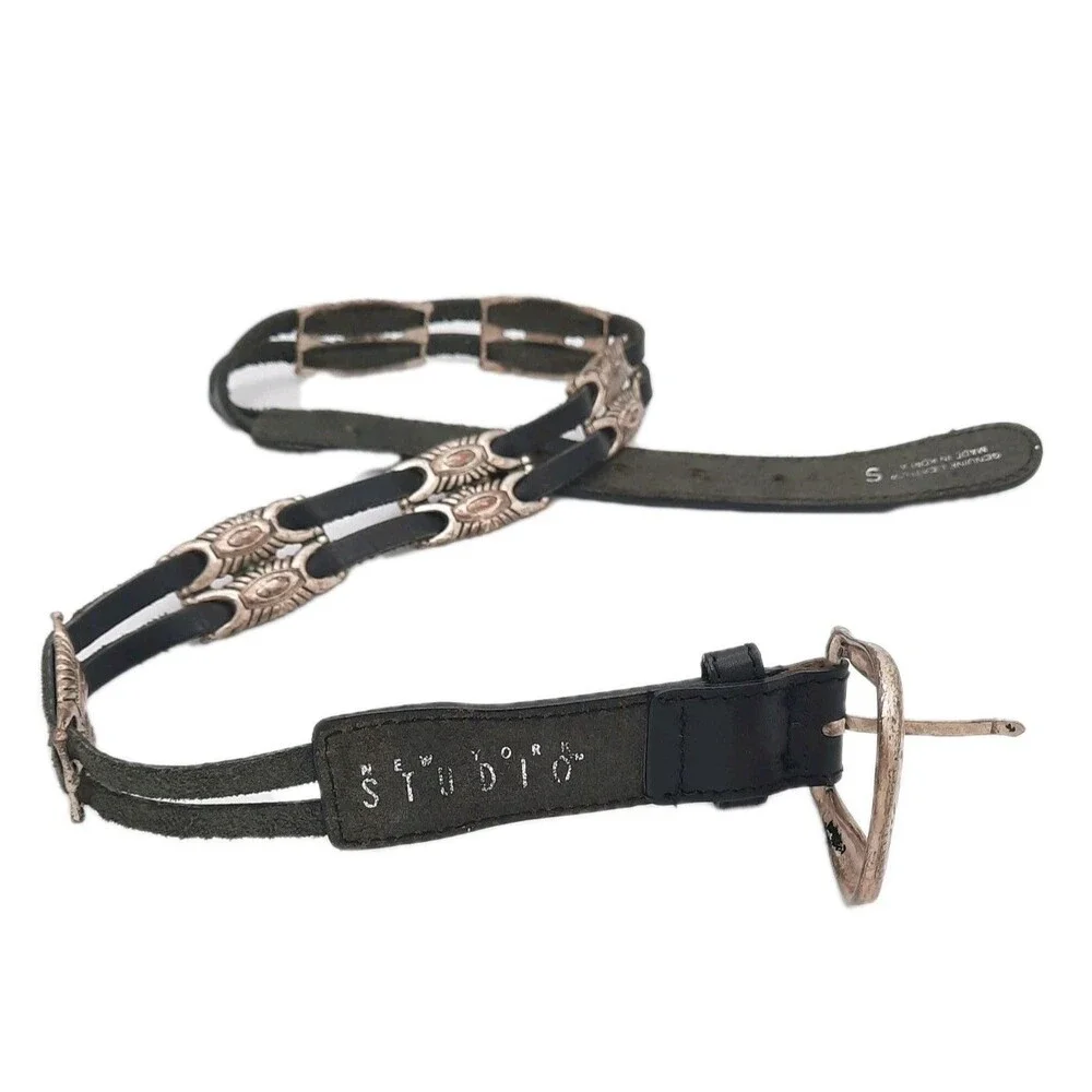 VTG New York Studio Belt Womens Small Leather Western Beaded Strap Silver Buckle